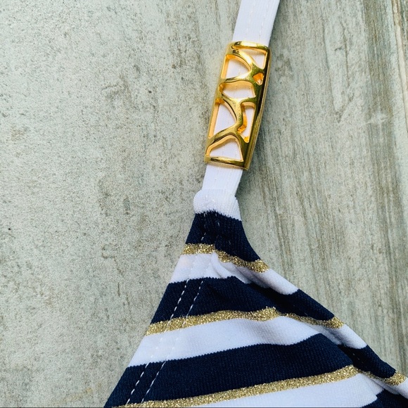 Letarte Bikini Top Sailor Striped Gold Coral Removable Geometric Charms - Picture 9 of 16